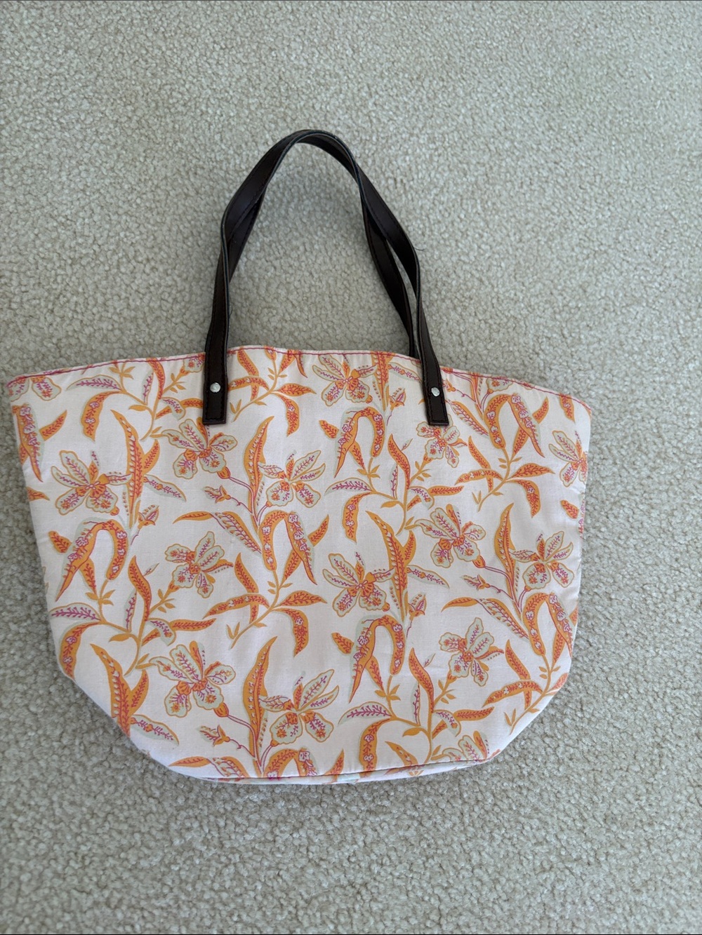 Floral Orange Canvas Tote Bag with Dark Brown Handles